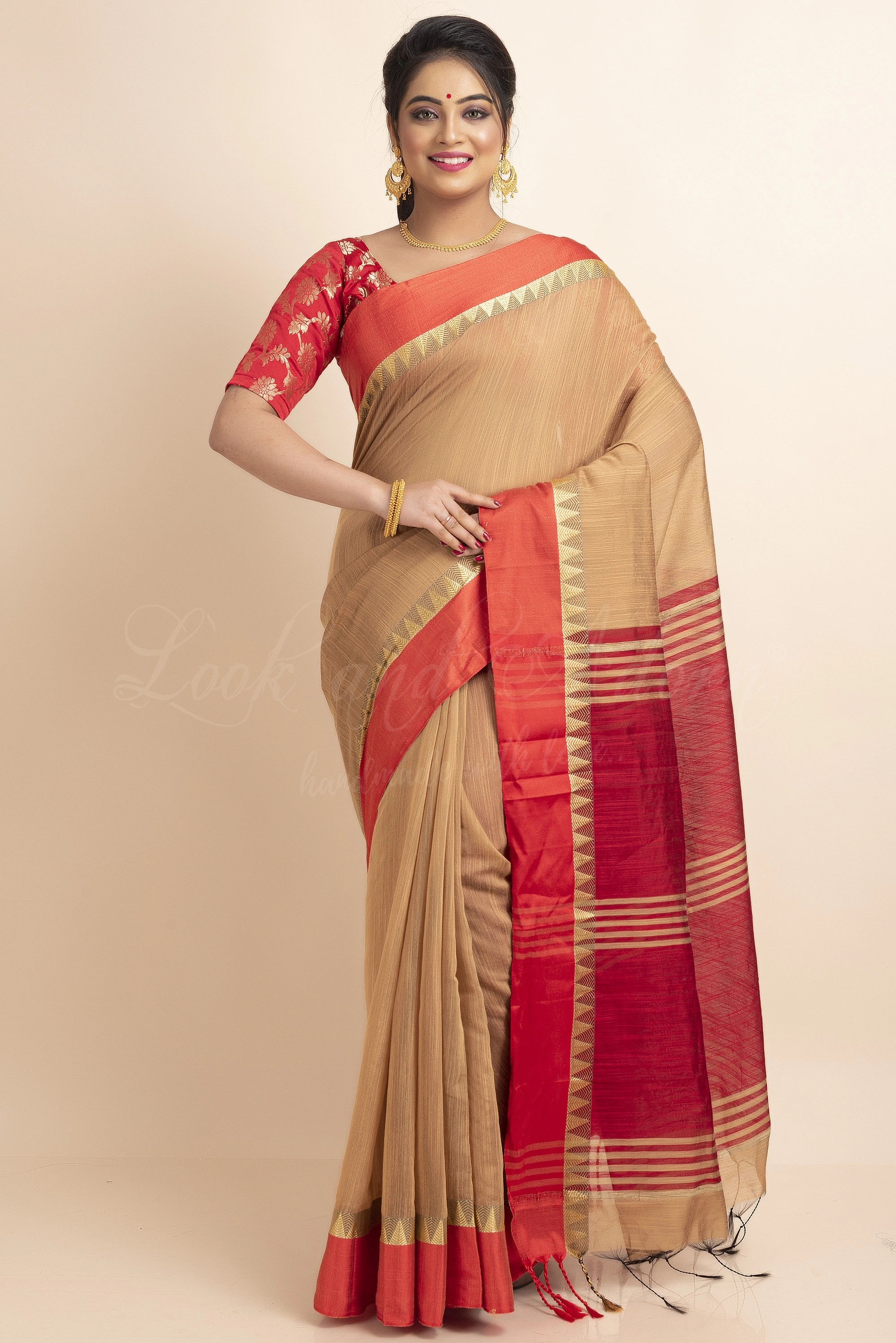 Red Brown Temple Border Cotton Silk Saree with Blouse Piece-Red-Free-Cotton Silk-Female-Adult-4