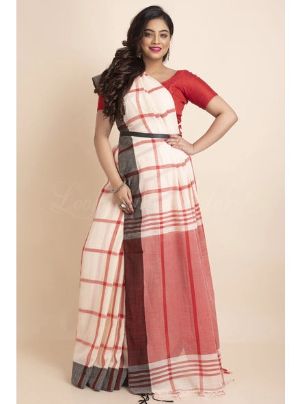 Cream Red Black Ganga Jamuna Handloom Block Cotton Saree with Blouse Piece-LAAKHSWBP003