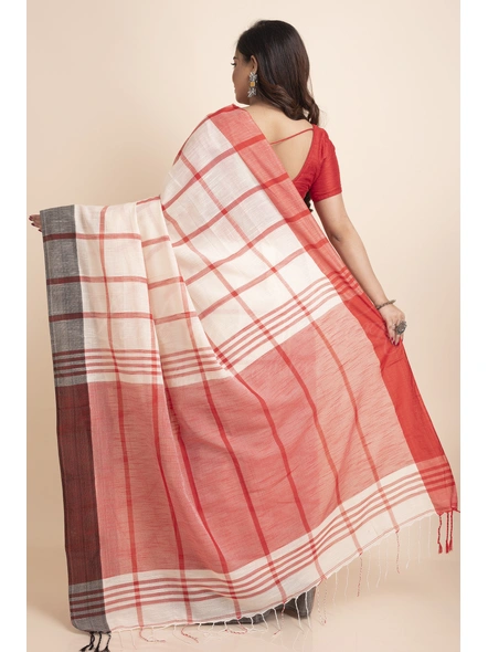 Cream Red Black Ganga Jamuna Handloom Block Cotton Saree with Blouse Piece-Cream-One Size-Cotton-Female-Adult-Sari-1