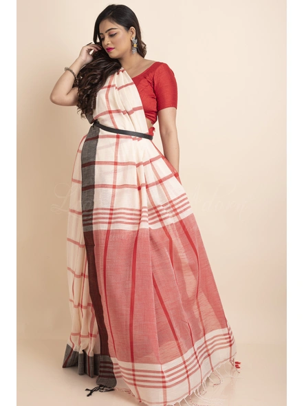 Cream Red Black Ganga Jamuna Handloom Block Cotton Saree with Blouse Piece-Cream-One Size-Cotton-Female-Adult-Sari-3
