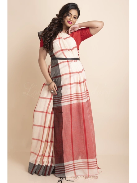 Cream Red Black Ganga Jamuna Handloom Block Cotton Saree with Blouse Piece-Cream-One Size-Cotton-Female-Adult-Sari-4