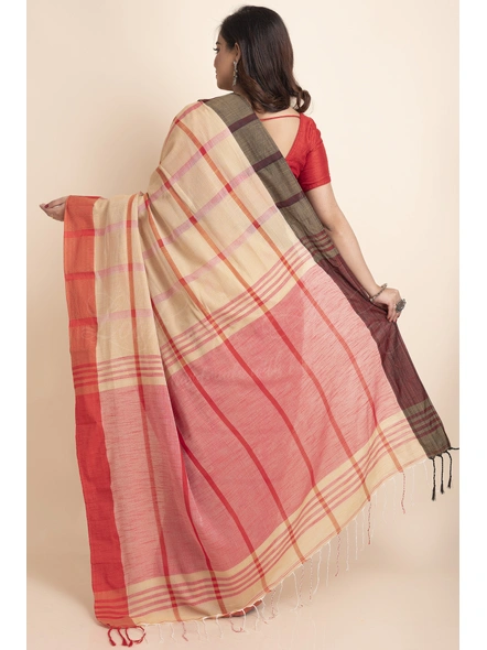 Beige Red Black Ganga Jamuna Handloom Block Cotton Saree with Blouse Piece-Beige-Free-Cotton-Female-Adult-Sari-1