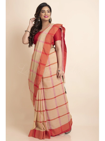Beige Red Black Ganga Jamuna Handloom Block Cotton Saree with Blouse Piece-Beige-Free-Cotton-Female-Adult-Sari-2