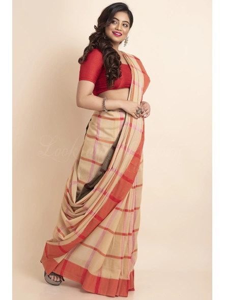 Beige Red Black Ganga Jamuna Handloom Block Cotton Saree with Blouse Piece-Beige-Free-Cotton-Female-Adult-Sari-4