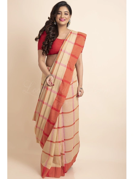 Beige Red Black Ganga Jamuna Handloom Block Cotton Saree with Blouse Piece-Beige-Free-Cotton-Female-Adult-Sari-5