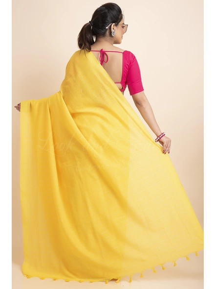 Yellow White Striped Soft Cotton Saree with Blouse Piece-Yellow-One Size-Cotton-Female-Adult-Sari-1