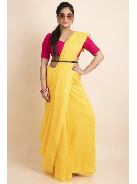 Yellow White Striped Soft Cotton Saree with Blouse Piece-Yellow-One Size-Cotton-Female-Adult-Sari-2