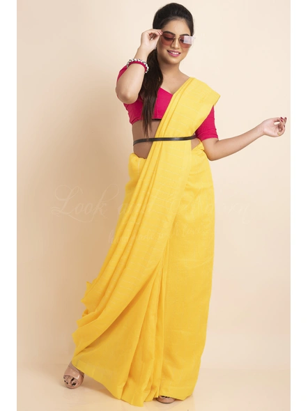 Yellow White Striped Soft Cotton Saree with Blouse Piece-Yellow-One Size-Cotton-Female-Adult-Sari-3