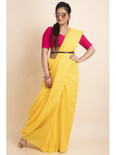 Yellow White Striped Soft Cotton Saree with Blouse Piece-Yellow-One Size-Cotton-Female-Adult-Sari-4