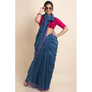 Blue Pink Striped Soft Cotton Saree with Blouse Piece