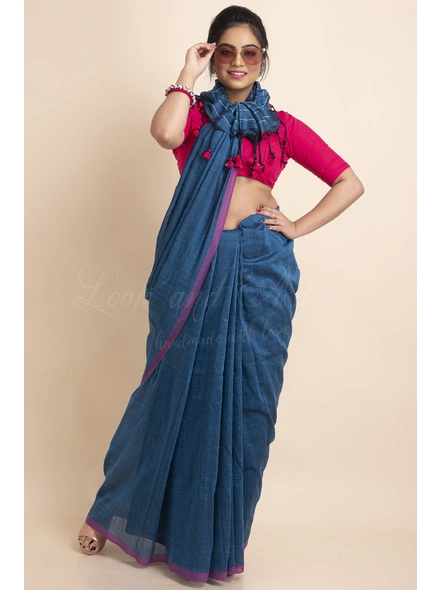 Blue Pink Striped Soft Cotton Saree with Blouse Piece-LAAKCHS009