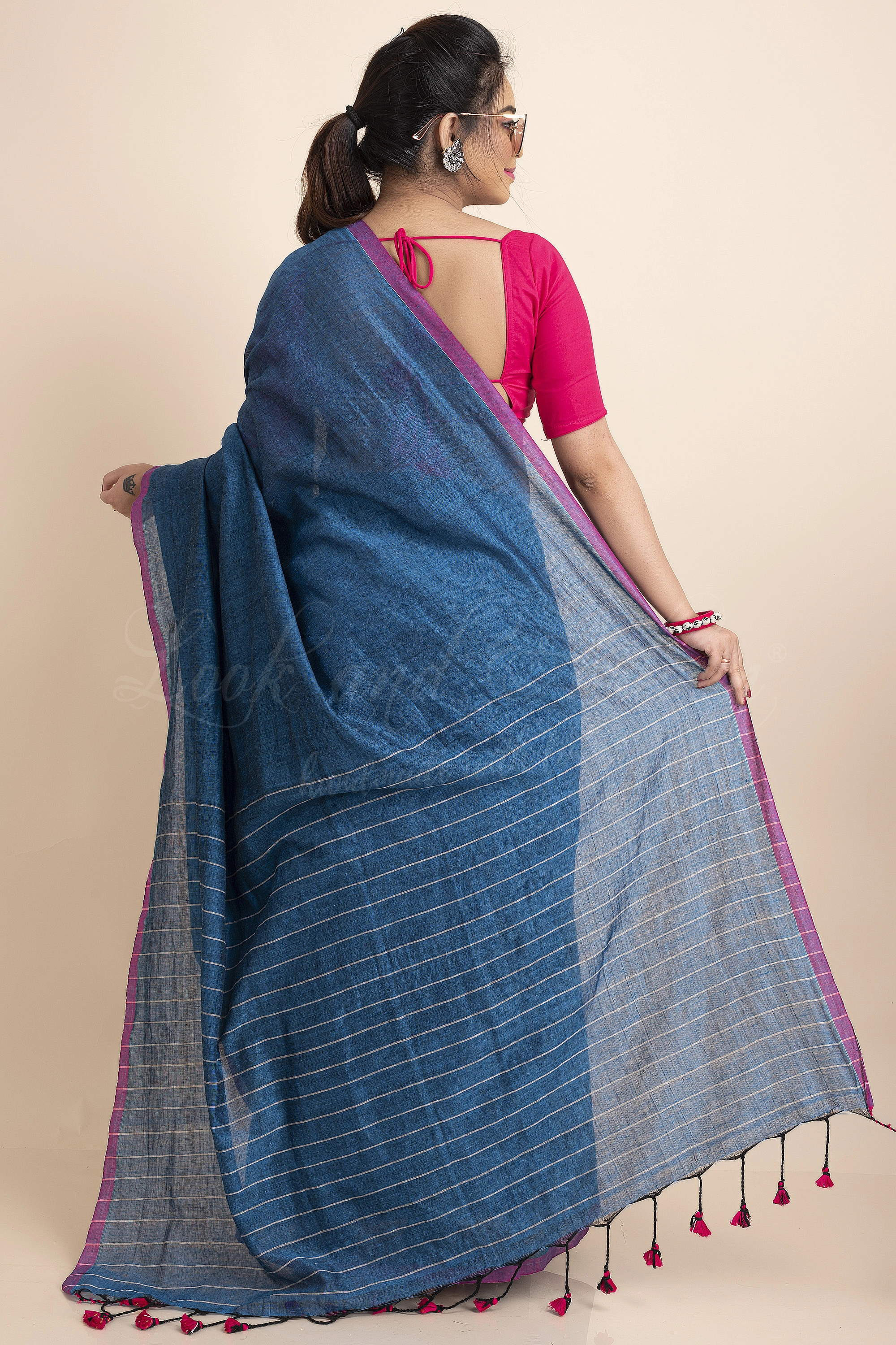 Blue Pink Striped Soft Cotton Saree with Blouse Piece-Blue-One Size-Cotton-Female-Adult-Sari-1