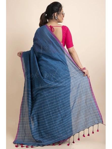 Blue Pink Striped Soft Cotton Saree with Blouse Piece-Blue-One Size-Cotton-Female-Adult-Sari-1