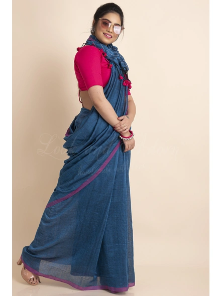 Blue Pink Striped Soft Cotton Saree with Blouse Piece-Blue-One Size-Cotton-Female-Adult-Sari-2