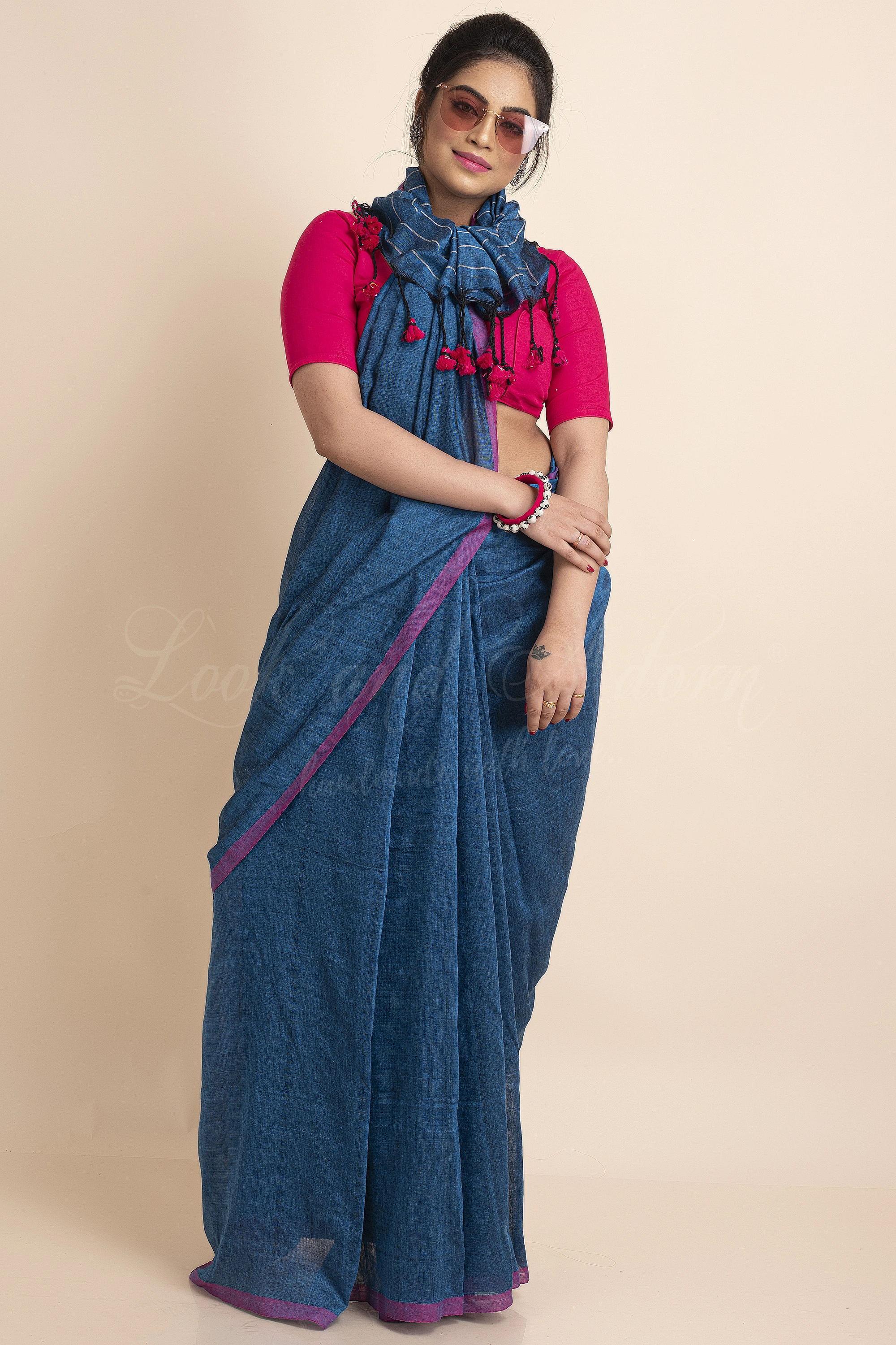 Blue Pink Striped Soft Cotton Saree with Blouse Piece-Blue-One Size-Cotton-Female-Adult-Sari-3