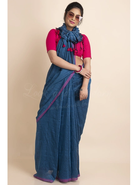 Blue Pink Striped Soft Cotton Saree with Blouse Piece-Blue-One Size-Cotton-Female-Adult-Sari-3