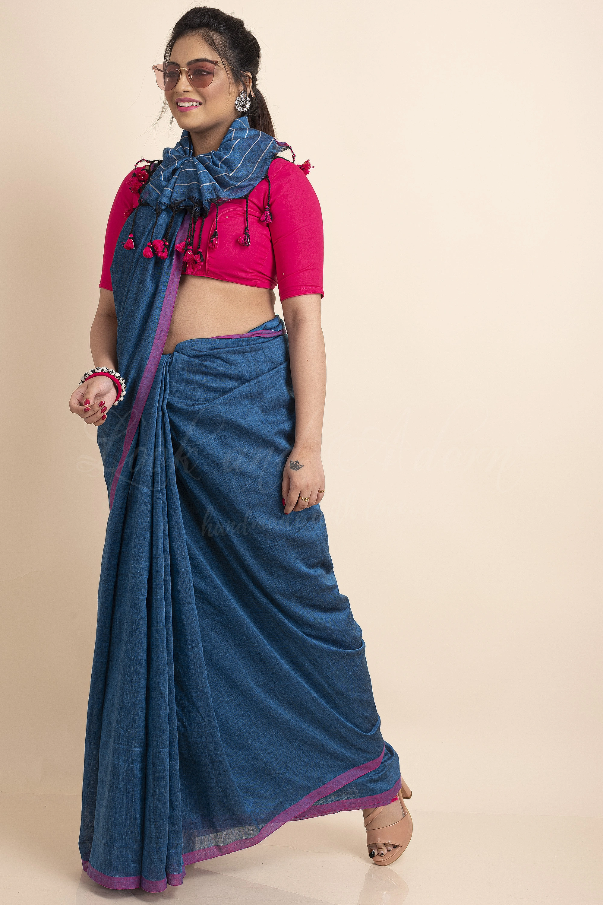 Blue Pink Striped Soft Cotton Saree with Blouse Piece-Blue-One Size-Cotton-Female-Adult-Sari-4