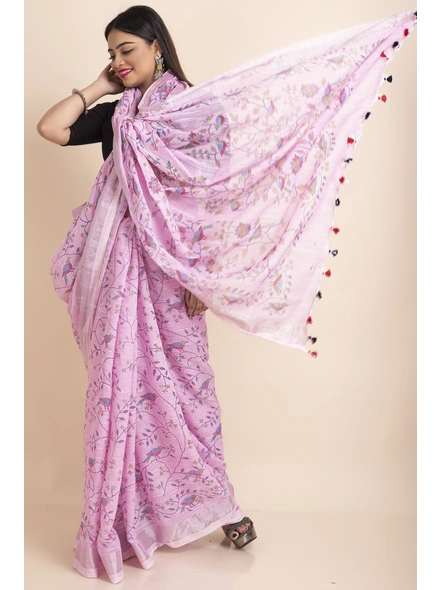 Pink Bird Printed Cotton Linen Saree with Blouse Piece-Pink-Free-Cotton Linen-Female-Adult-2
