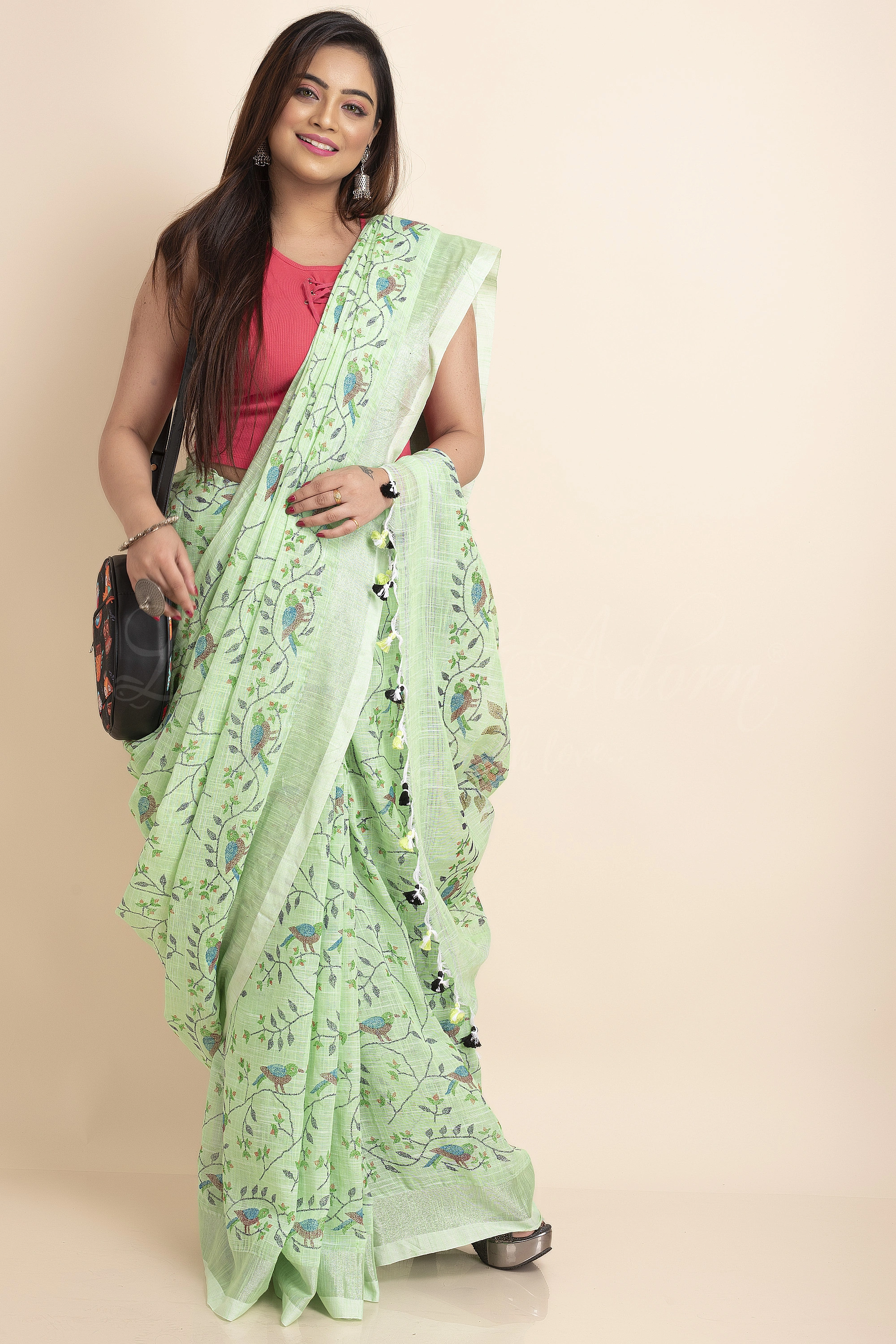 Pesta Green Bird Printed Cotton Linen Saree with Blouse Piece-LAAPCLSWBP02