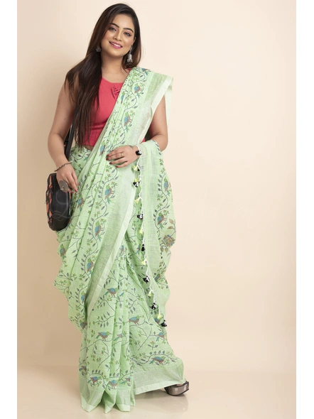 Pesta Green Bird Printed Cotton Linen Saree with Blouse Piece-LAAPCLSWBP02