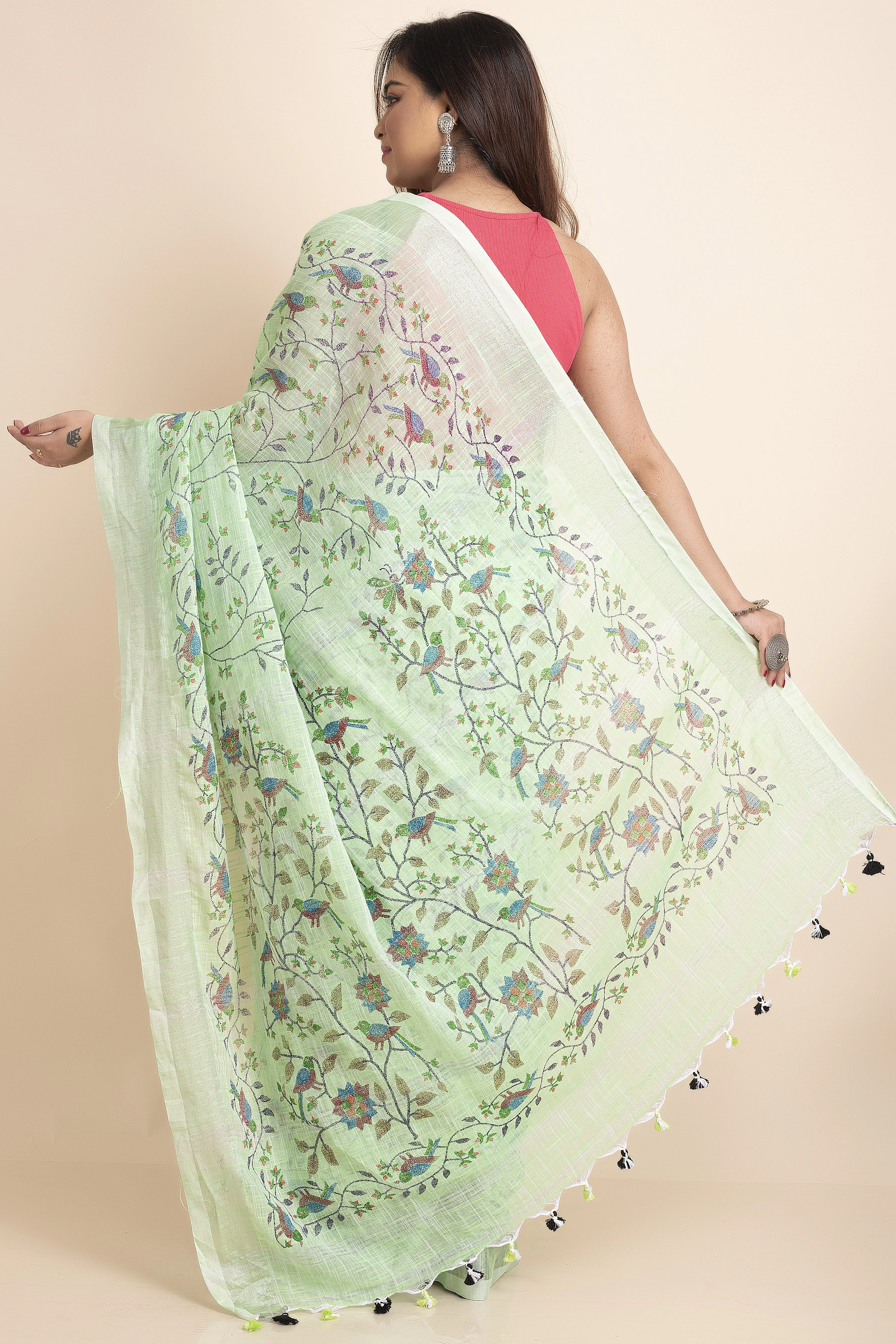 Pesta Green Bird Printed Cotton Linen Saree with Blouse Piece-Pesta Green-Free-Cotton Linen-Female-Adult-1