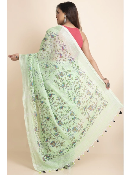 Pesta Green Bird Printed Cotton Linen Saree with Blouse Piece-Pesta Green-Free-Cotton Linen-Female-Adult-1