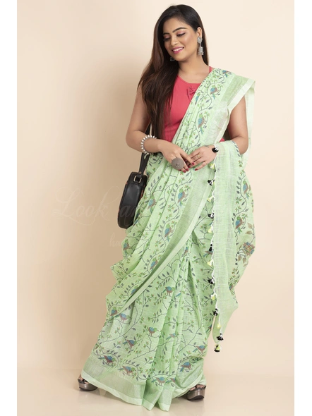 Pesta Green Bird Printed Cotton Linen Saree with Blouse Piece-Pesta Green-Free-Cotton Linen-Female-Adult-2