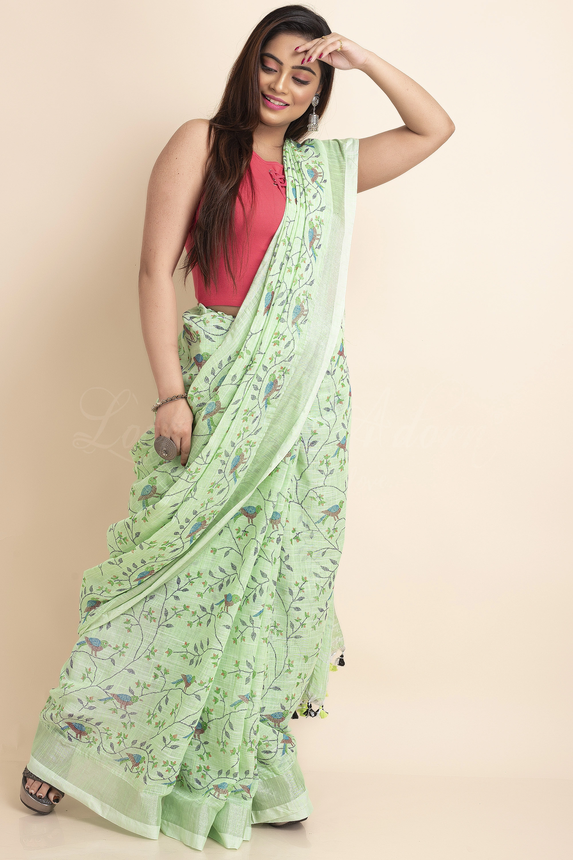 Pesta Green Bird Printed Cotton Linen Saree with Blouse Piece-Pesta Green-Free-Cotton Linen-Female-Adult-3