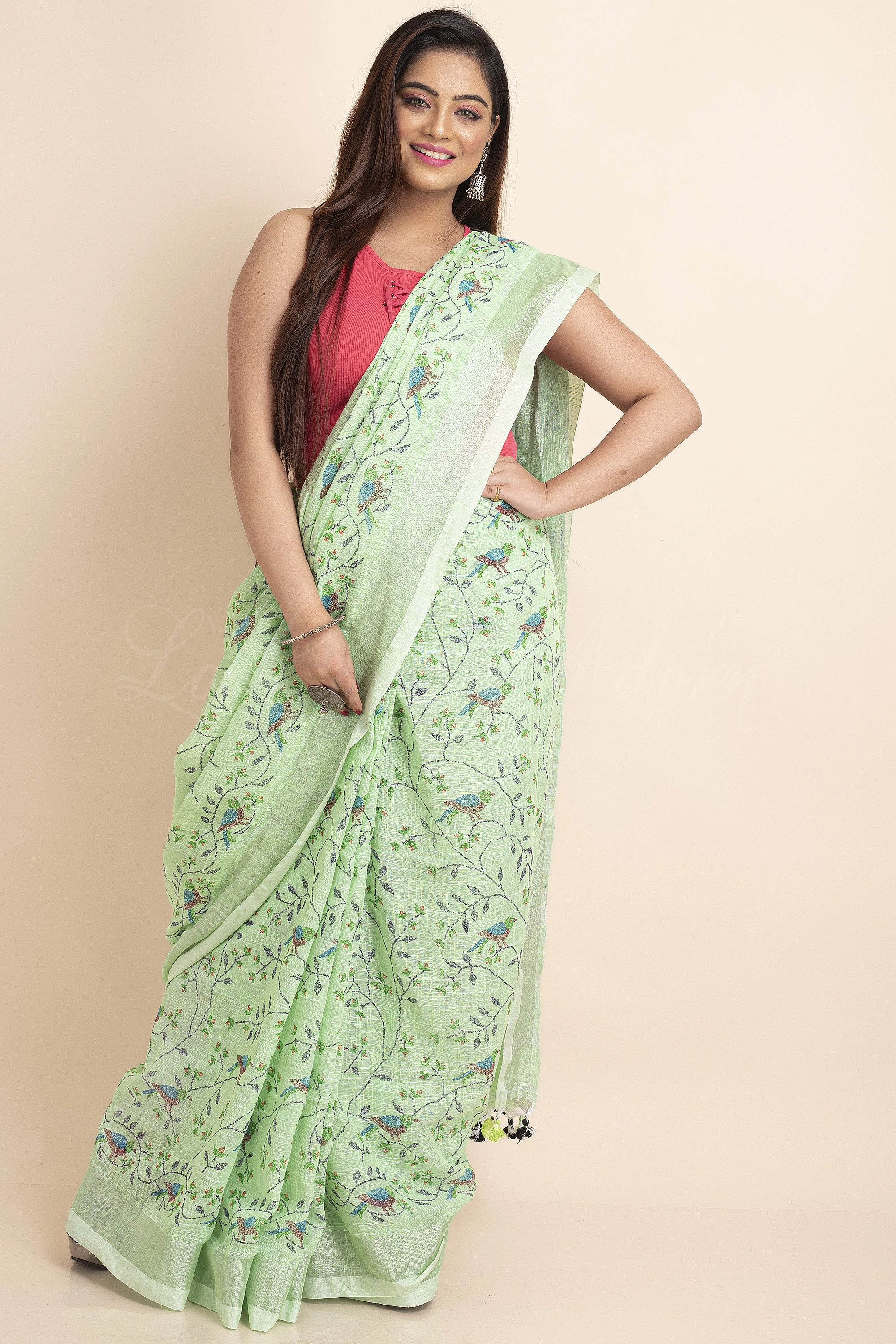 Pesta Green Bird Printed Cotton Linen Saree with Blouse Piece-Pesta Green-Free-Cotton Linen-Female-Adult-4