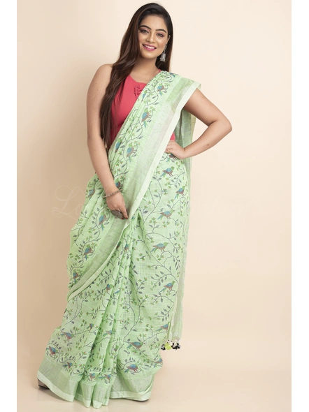 Pesta Green Bird Printed Cotton Linen Saree with Blouse Piece-Pesta Green-Free-Cotton Linen-Female-Adult-4