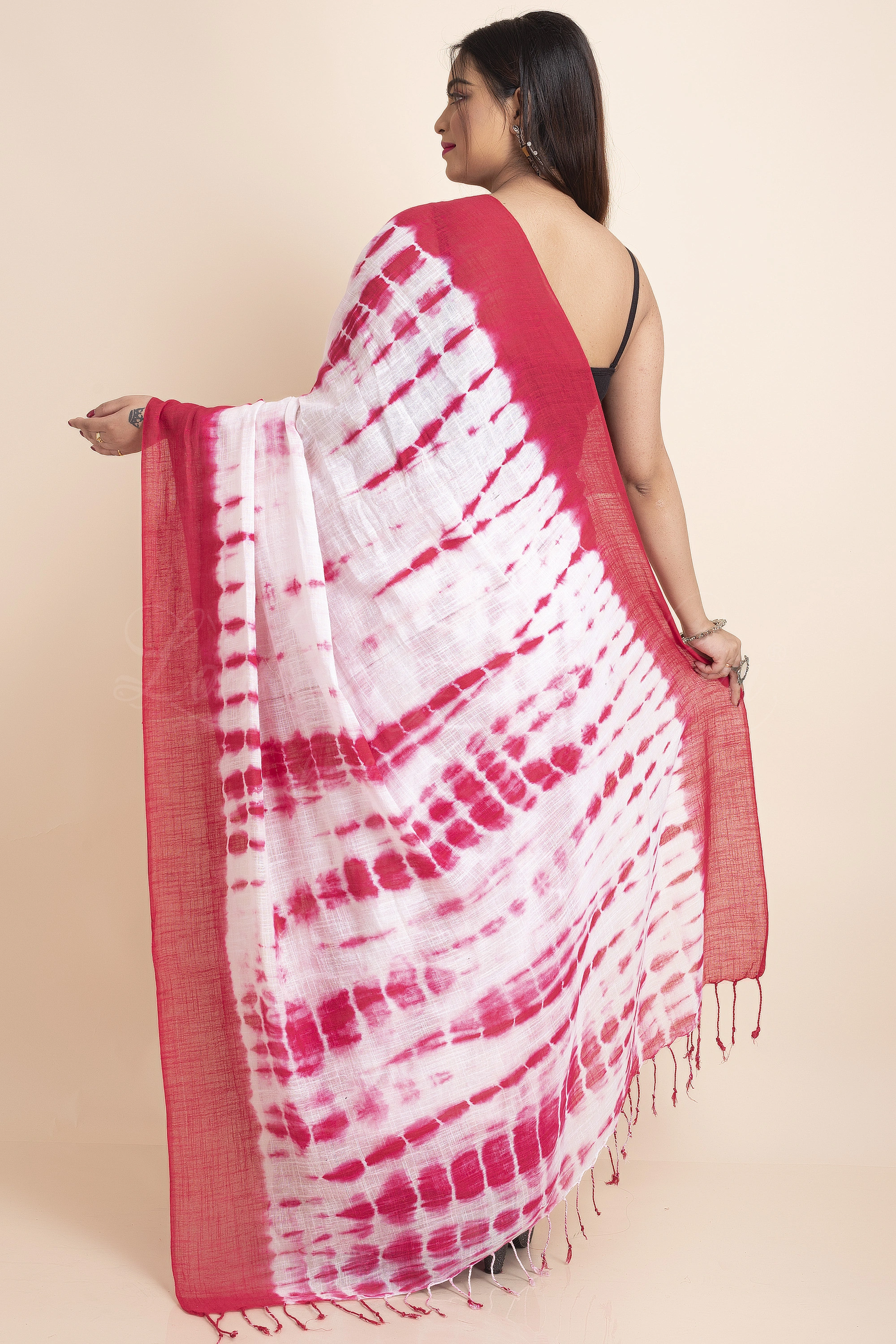 White Pink Soft Cotton Linen Shibori Saree with Blouse Piece-White-Free-Cotton Linen-Female-Adult-1