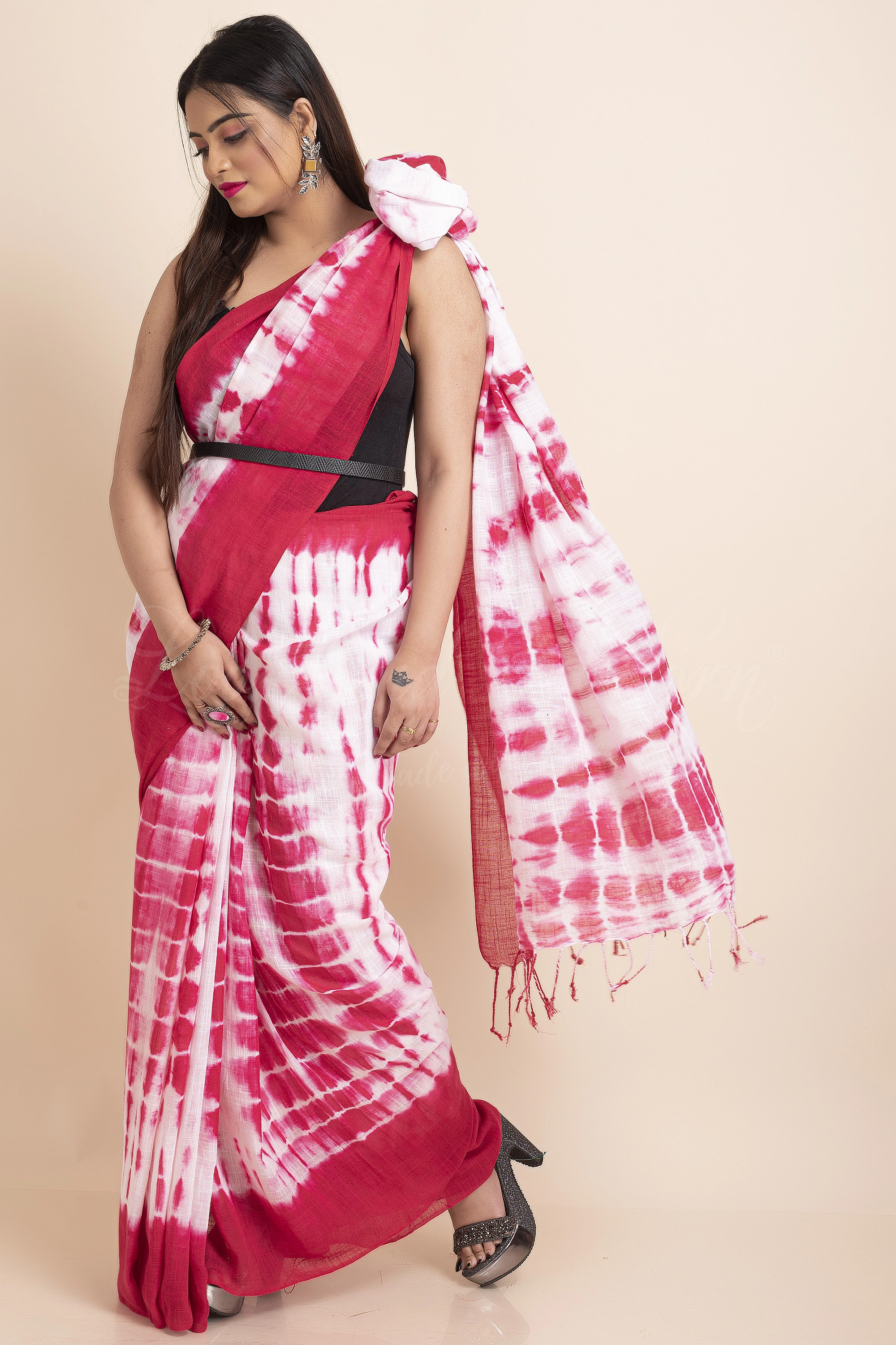 White Pink Soft Cotton Linen Shibori Saree with Blouse Piece-White-Free-Cotton Linen-Female-Adult-2