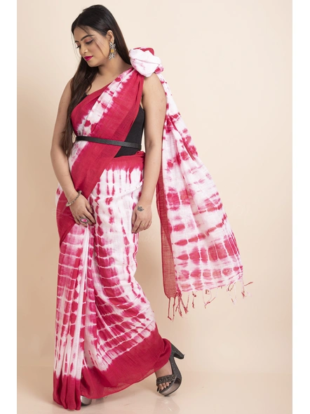 White Pink Soft Cotton Linen Shibori Saree with Blouse Piece-White-Free-Cotton Linen-Female-Adult-2