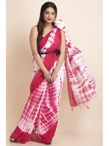 White Pink Soft Cotton Linen Shibori Saree with Blouse Piece-White-Free-Cotton Linen-Female-Adult-3