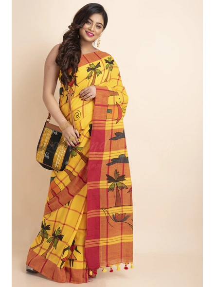 Yellow Red Handpainted Handloom Cotton saree with Blouse Piece-LAAHKHSWBP01
