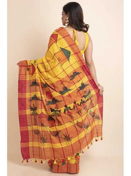 Yellow Red Handpainted Handloom Cotton saree with Blouse Piece-Yellow-Free-Cotton-Female-Adult-Sari-1