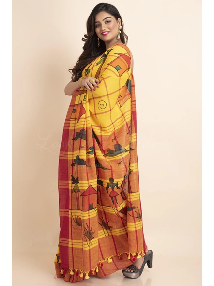 Yellow Red Handpainted Handloom Cotton saree with Blouse Piece-Yellow-Free-Cotton-Female-Adult-Sari-2