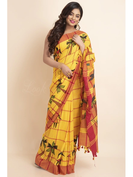 Yellow Red Handpainted Handloom Cotton saree with Blouse Piece-Yellow-Free-Cotton-Female-Adult-Sari-4