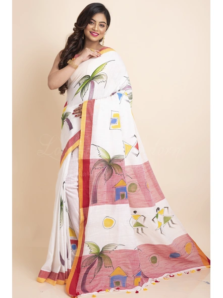 White Handpainted Handloom Cotton saree with Blouse Piece-LAAHKHSWBP02