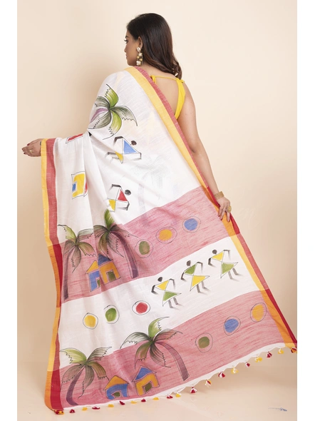 White Handpainted Handloom Cotton saree with Blouse Piece-Yellow-Free-Cotton-Female-Adult-Sari-1