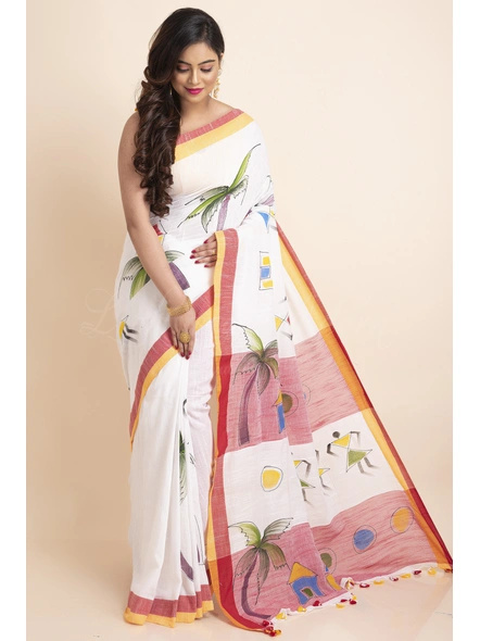 White Handpainted Handloom Cotton saree with Blouse Piece-Yellow-Free-Cotton-Female-Adult-Sari-3
