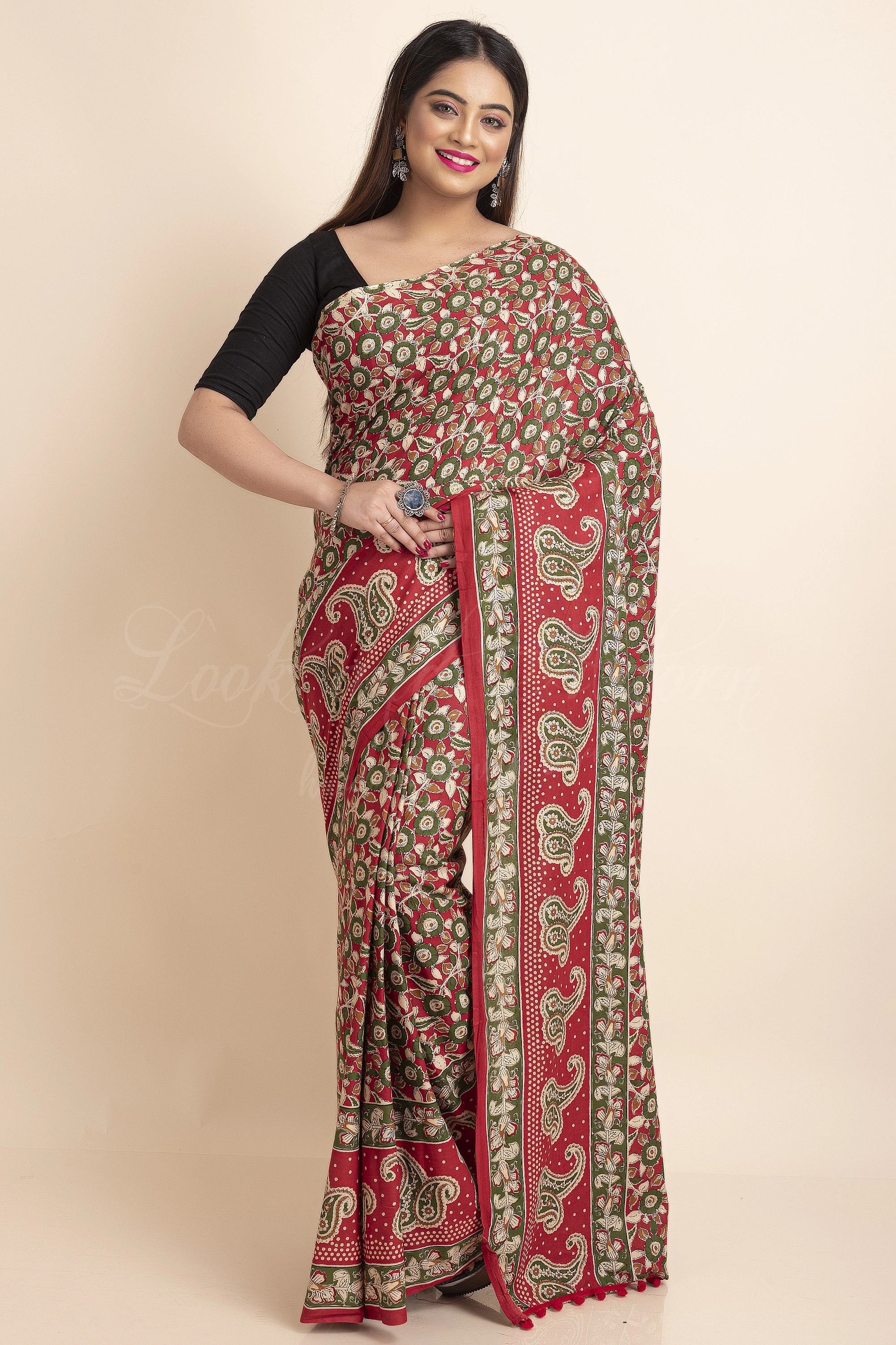 Red Green Floral Printed Cotton Kalamkari Pompom Saree-LAAPCKS013