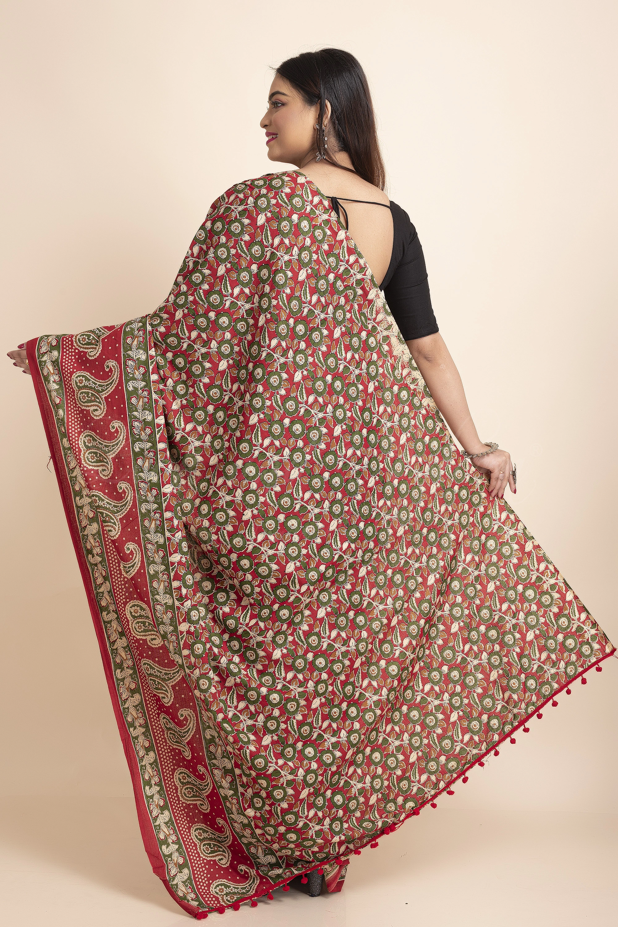 Red Green Floral Printed Cotton Kalamkari Pompom Saree-Red-Free-Cotton-Female-Adult-1