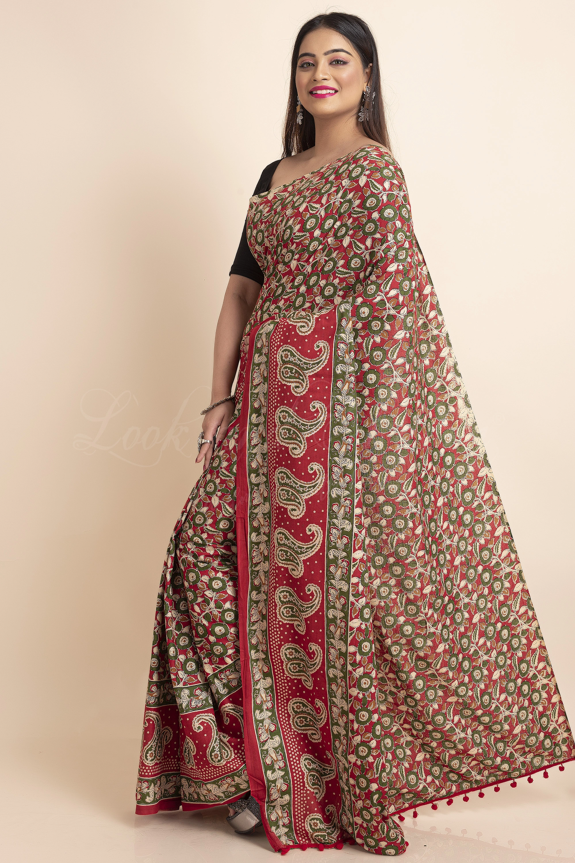 Red Green Floral Printed Cotton Kalamkari Pompom Saree-Red-Free-Cotton-Female-Adult-2