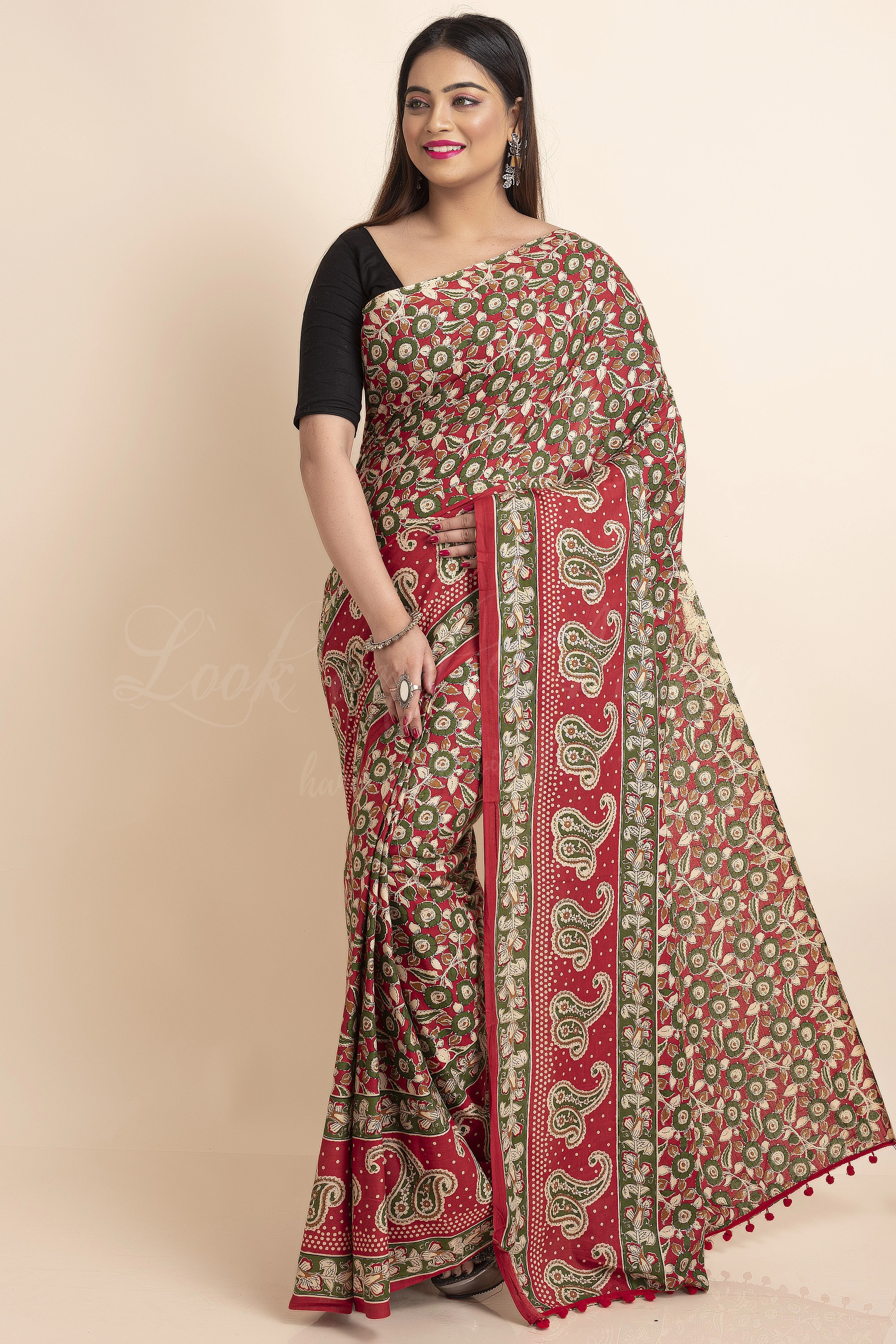 Red Green Floral Printed Cotton Kalamkari Pompom Saree-Red-Free-Cotton-Female-Adult-3