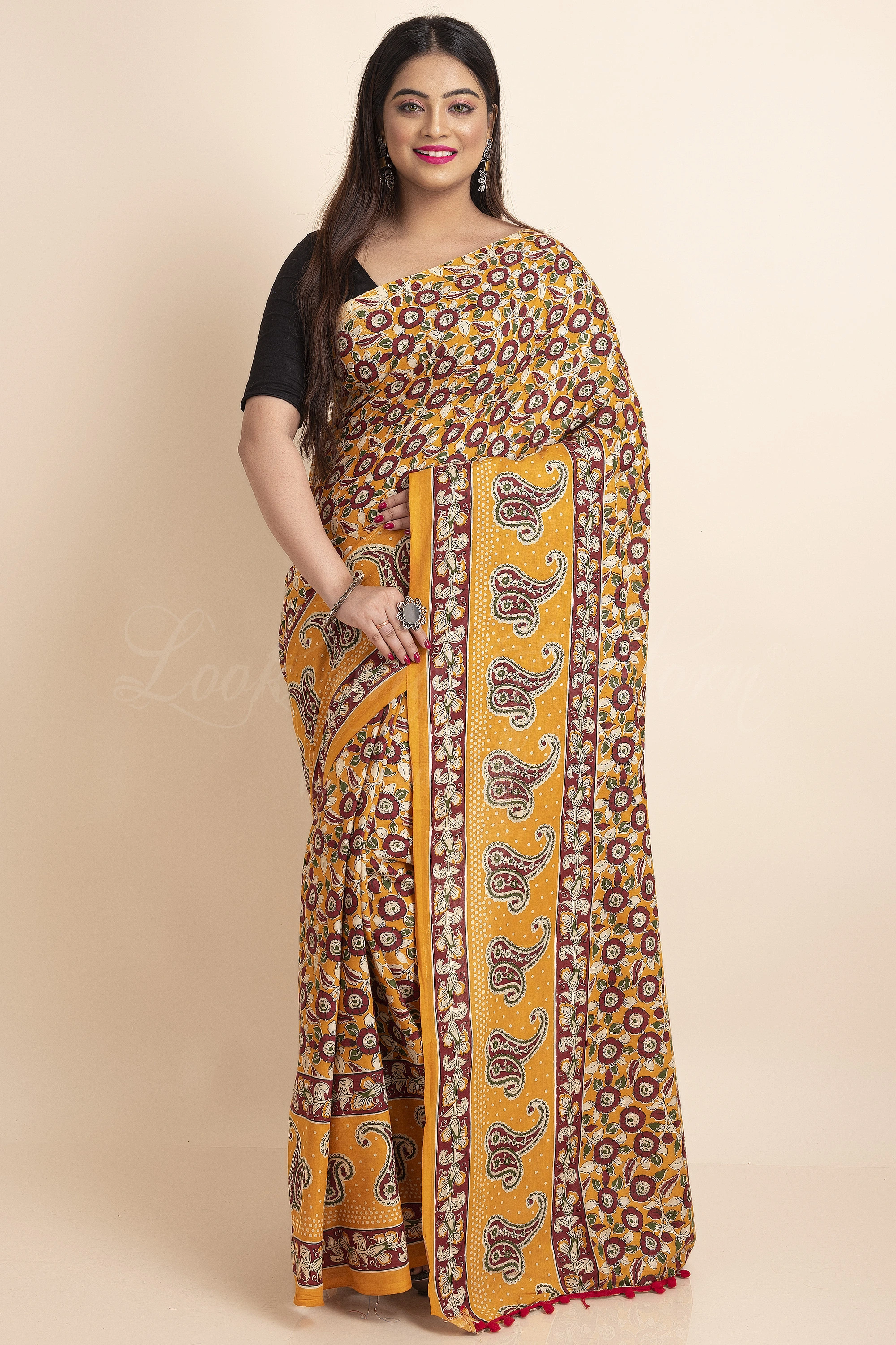 Yellow Brown Floral Printed Cotton Kalamkari Pompom Saree-LAAPCKS016