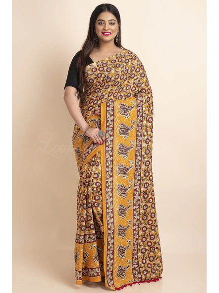 Yellow Brown Floral Printed Cotton Kalamkari Pompom Saree-LAAPCKS016