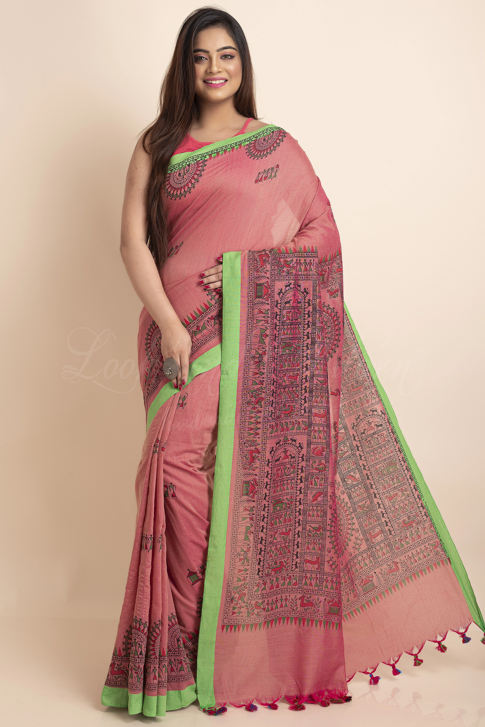 Peach Green Warli Block Print Pure Cotton Saree with Blouse Piece-LAAMPCS001