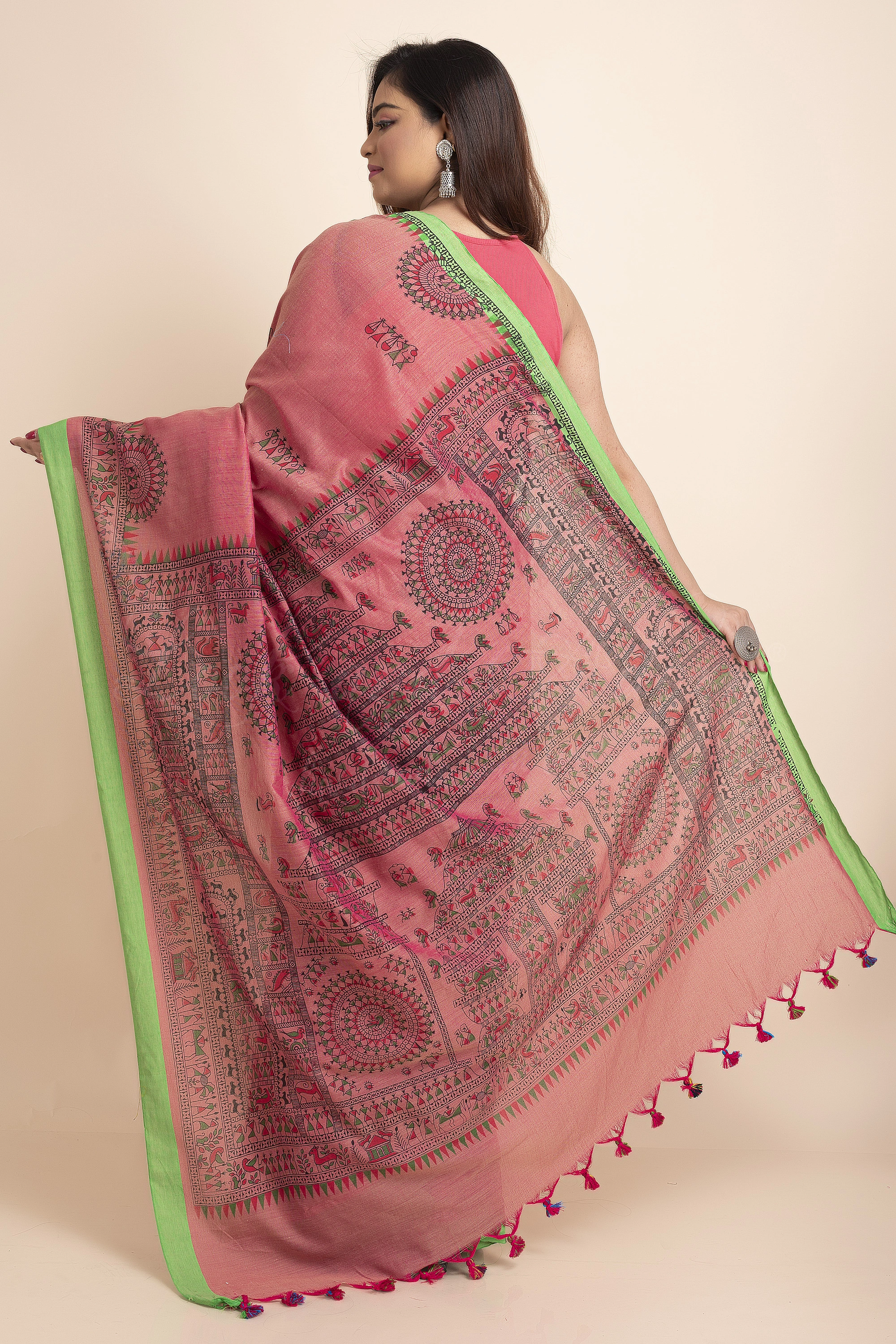 Peach Green Warli Block Print Pure Cotton Saree with Blouse Piece-Peach-Free-Cotton-Female-Adult-1