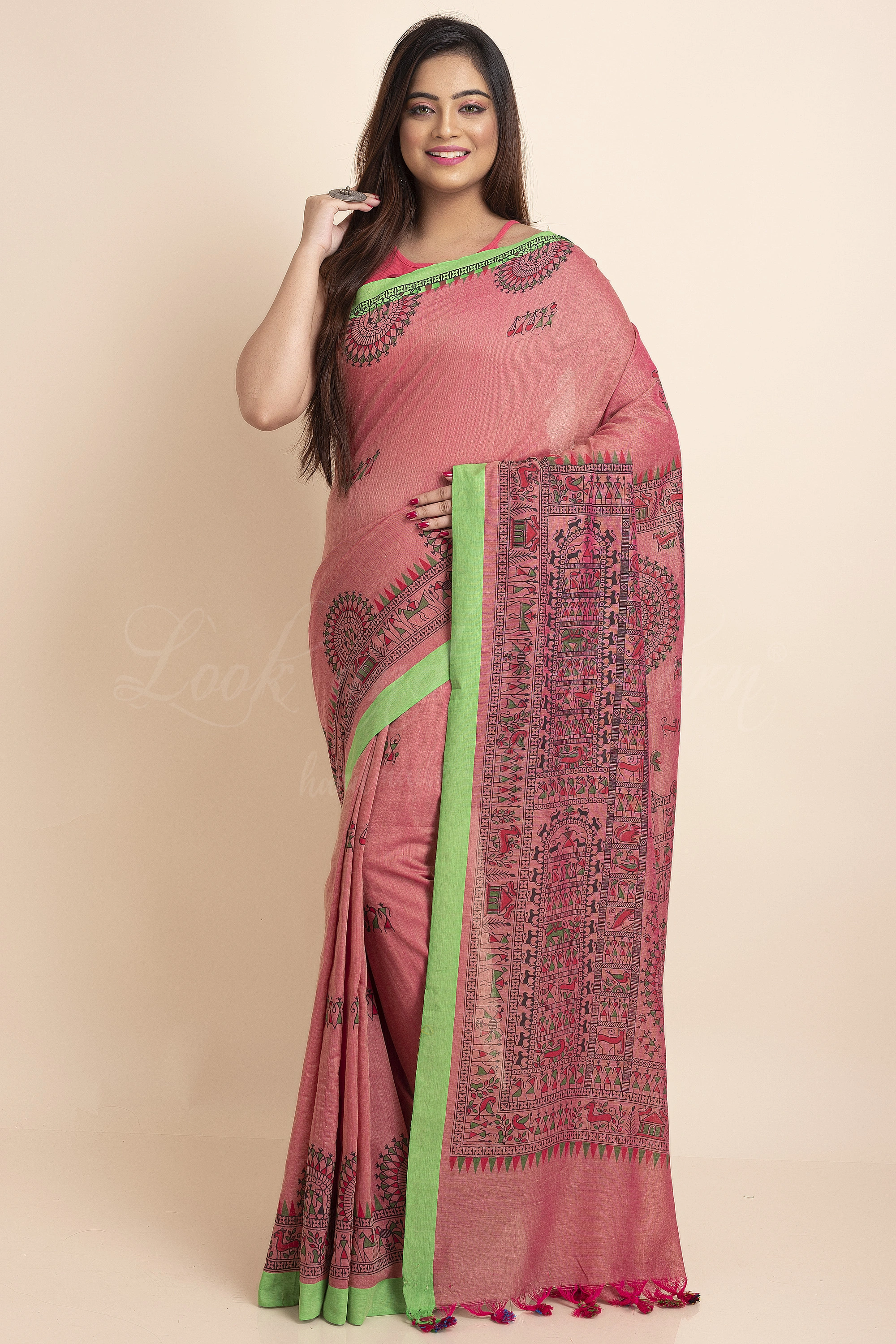 Peach Green Warli Block Print Pure Cotton Saree with Blouse Piece-Peach-Free-Cotton-Female-Adult-3